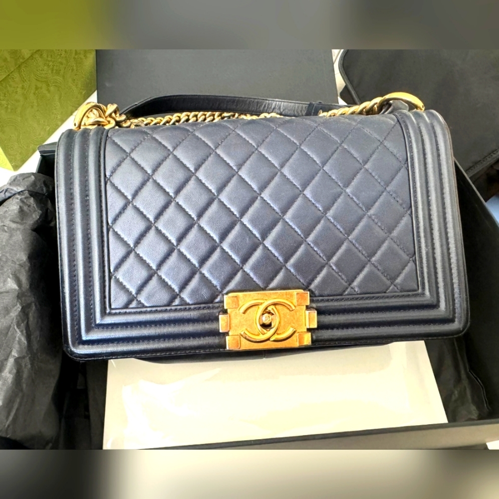 Chanel Le Boy Dark Navy Medium Gold Chain Lamb Leather